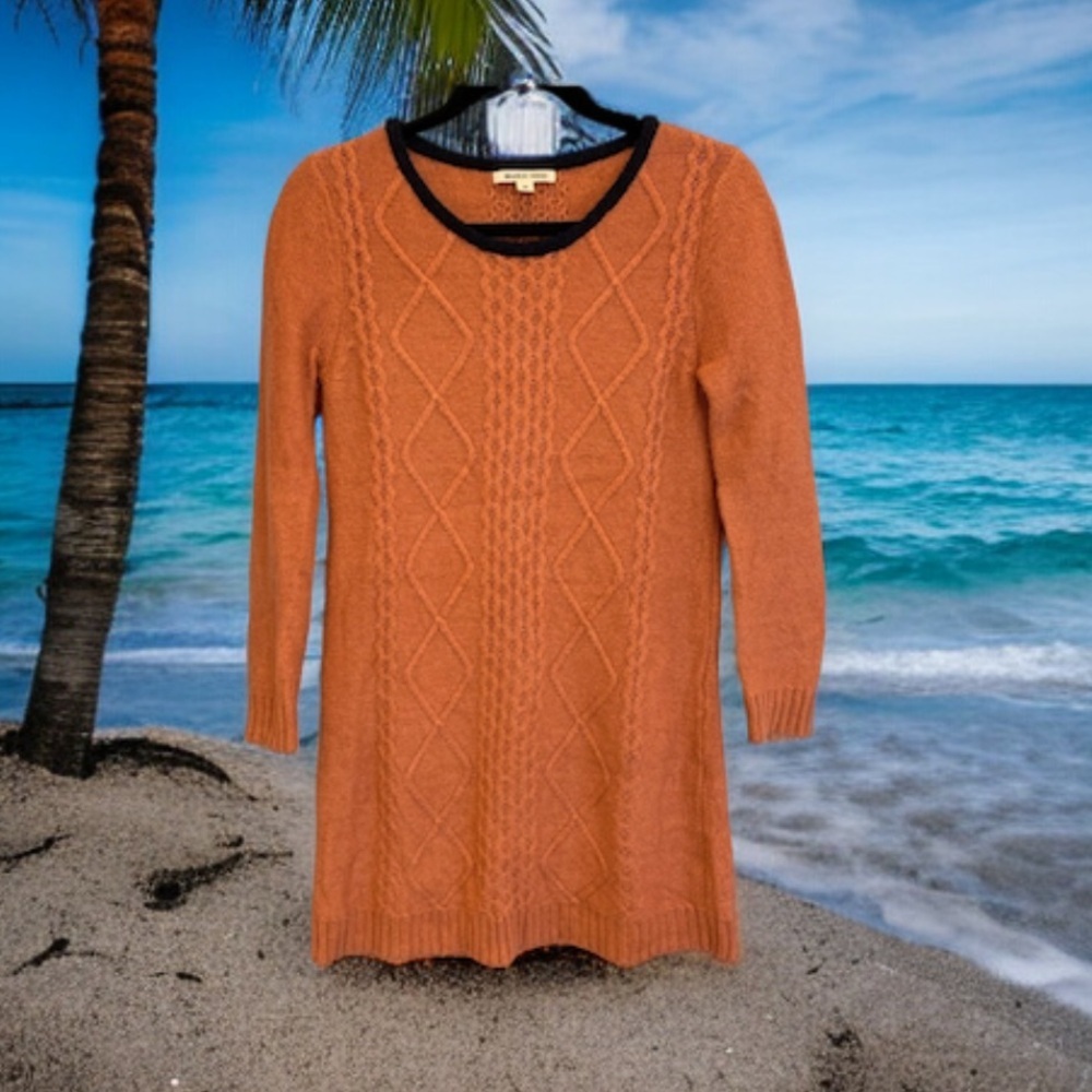 😍 - Season Wind-Burnt Orange Sweater Dress -Navy Blue neckline detail -Sz M … - Picture 5 of 10